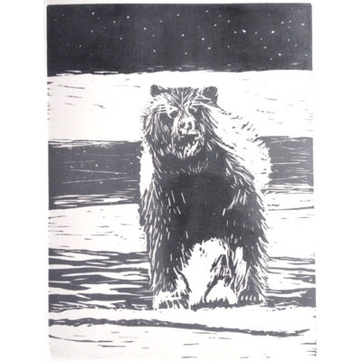 winter grizzly bear linocut