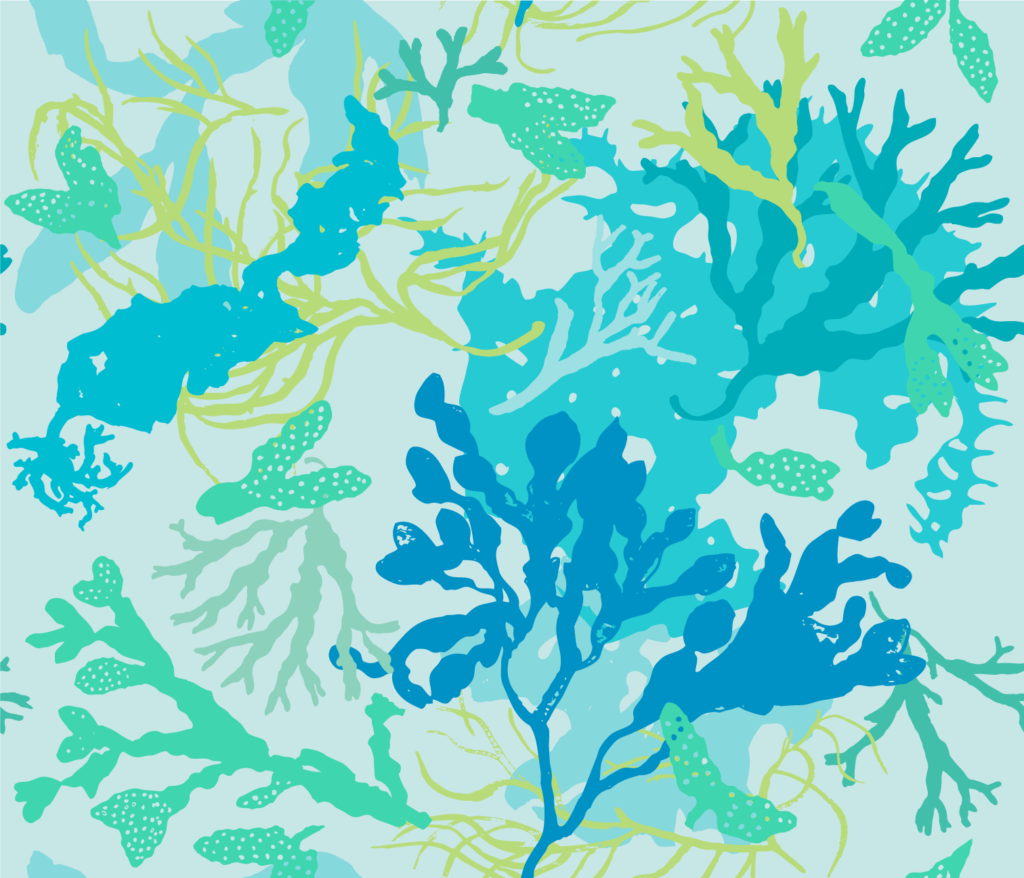 botanical beach seaweed blue fabric design