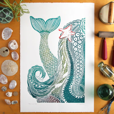 Mermaid hair, ocean inspired westcoast art, handprinted linocut blockprint on paper with coastal decor vibe