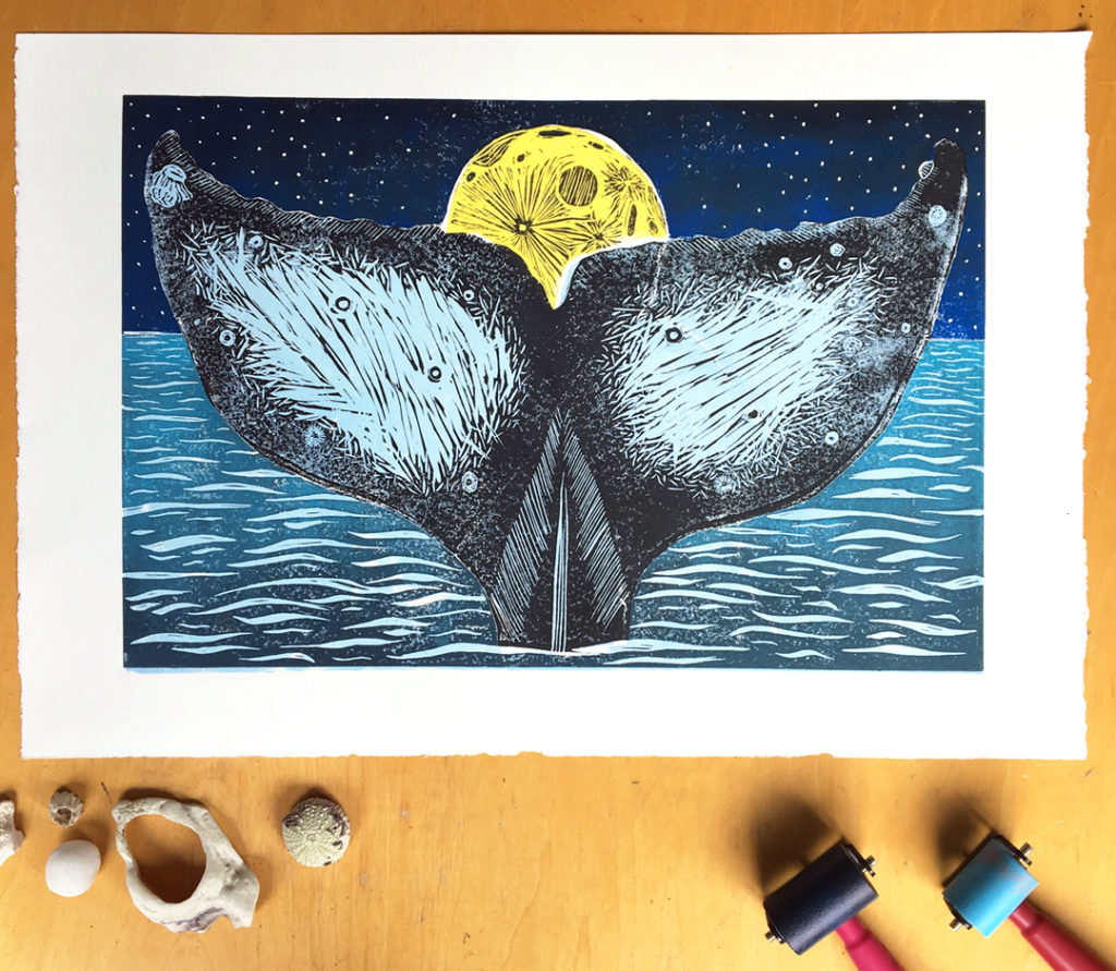moon whale linocut relief print printmaking